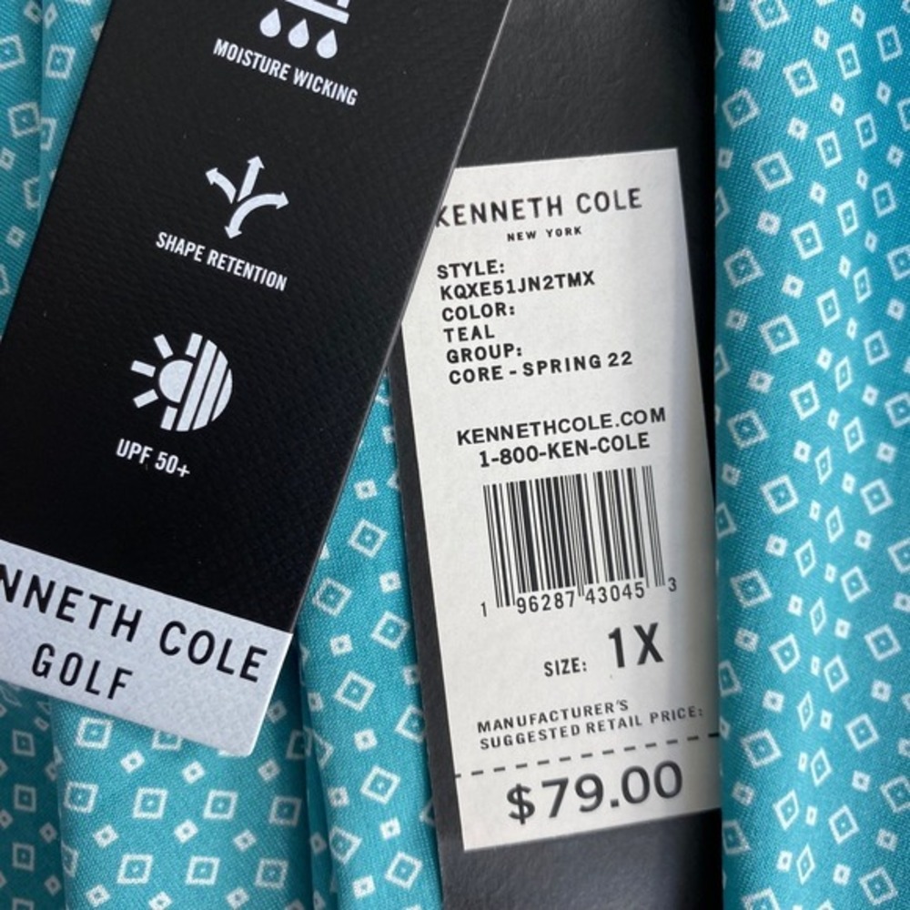 Kenneth Cole AOP Geo Golf Polo Men Size 1X Teal Athletic Performance NWT - Picture 6 of 9